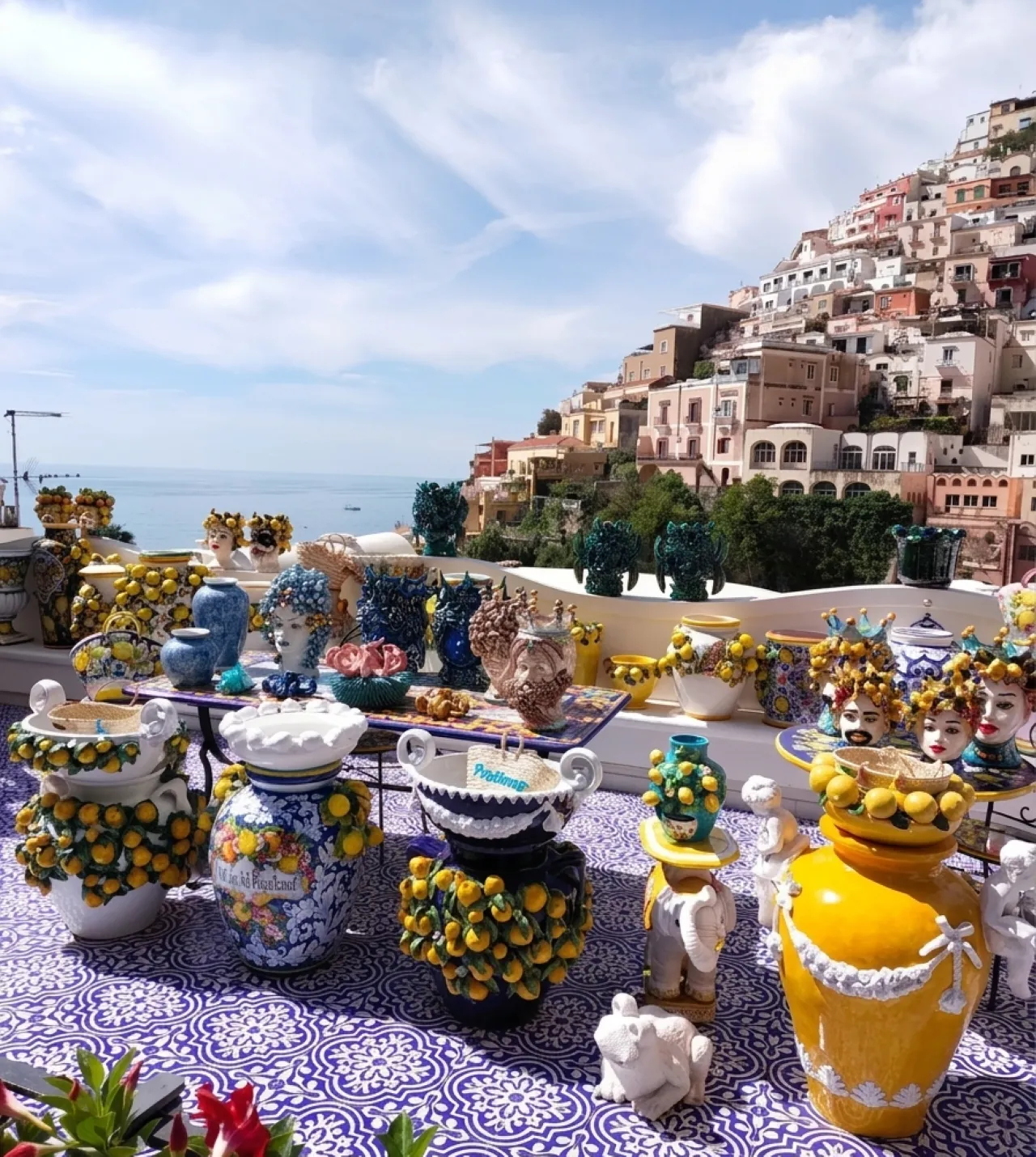 Painted lemon ceramics and vases on a blue patterned table, with hillside houses behind