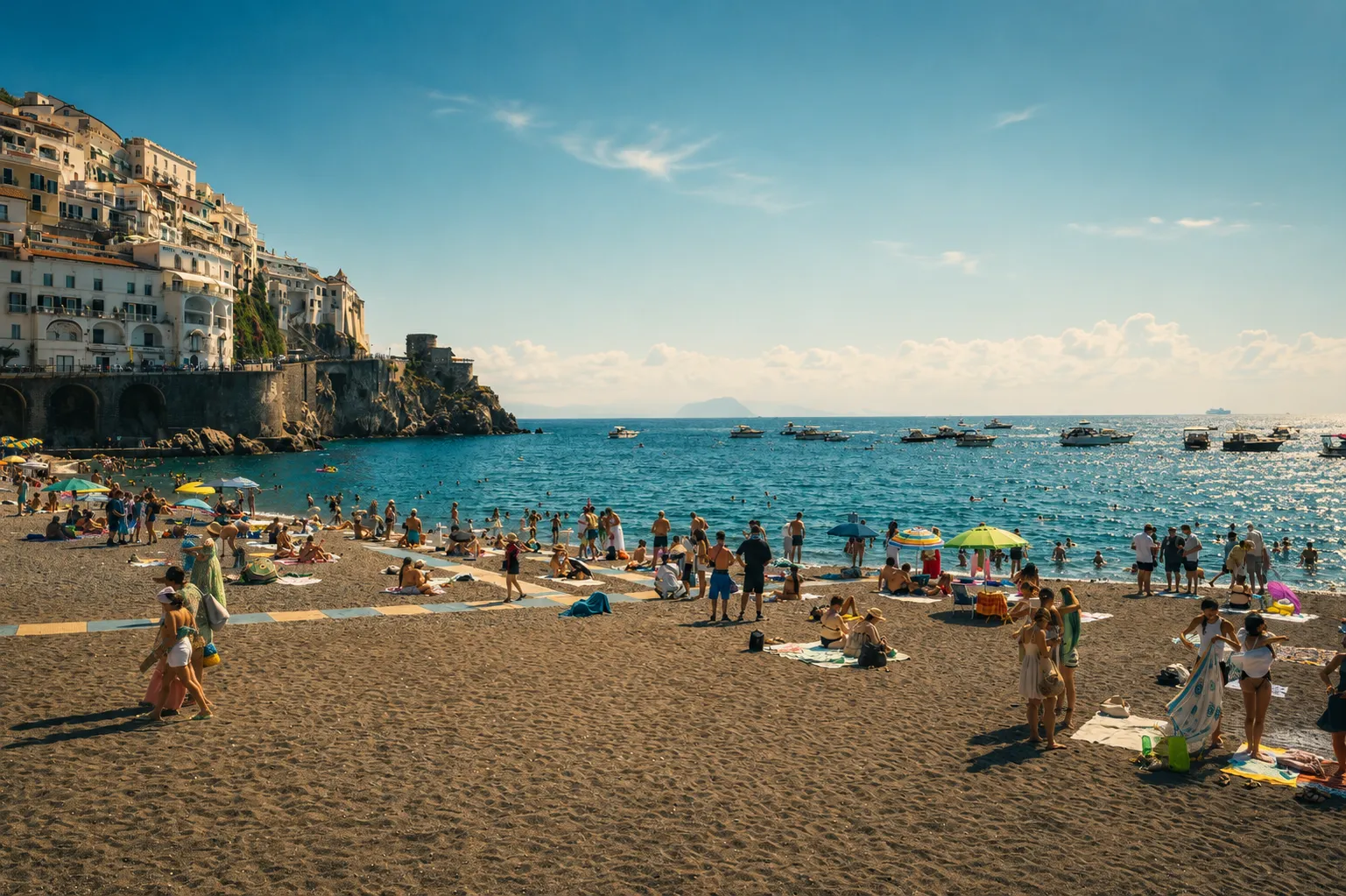 Dark sand beach with sunbathers, umbrellas and cliffside buildings beside a calm sea