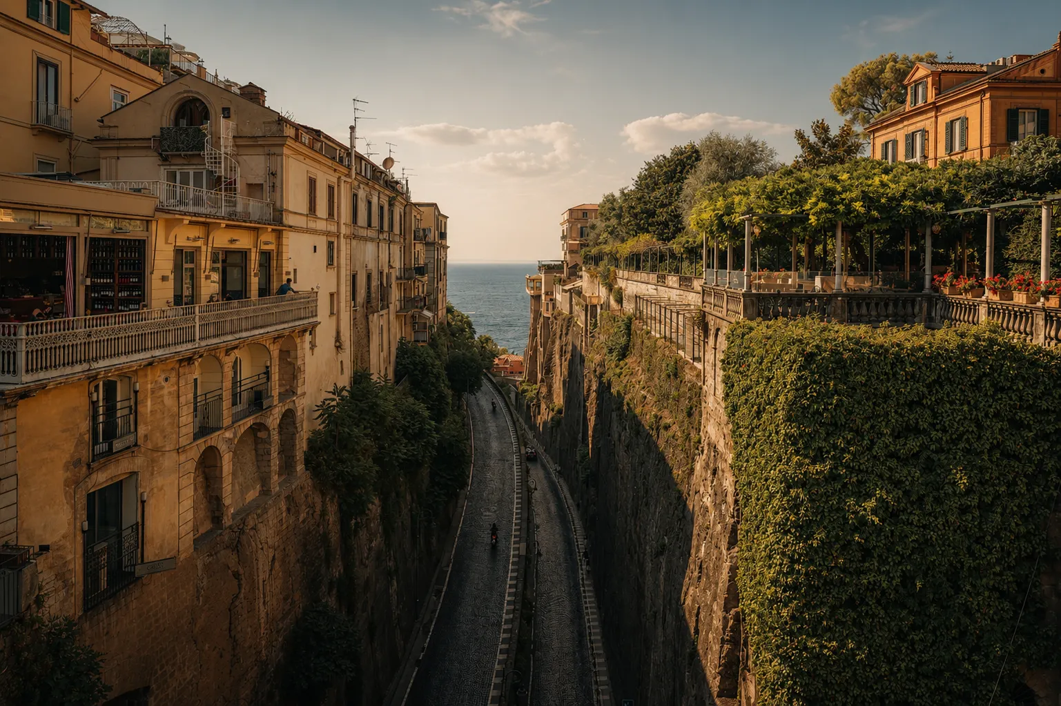 Tall buildings along a deep gorge with a road below and the sea in the distance