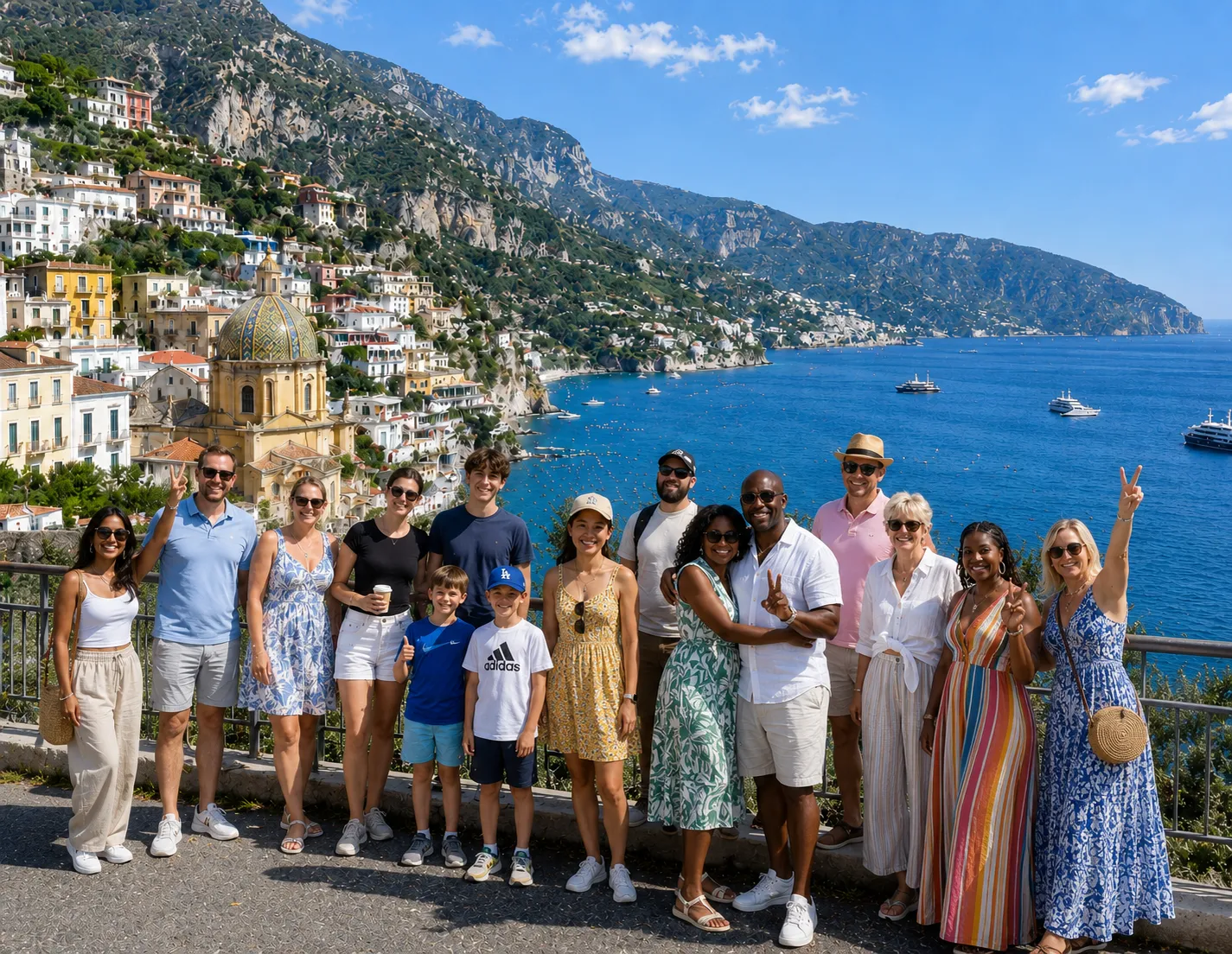 Large group of adults and children posing at a railing above a bay and domed church