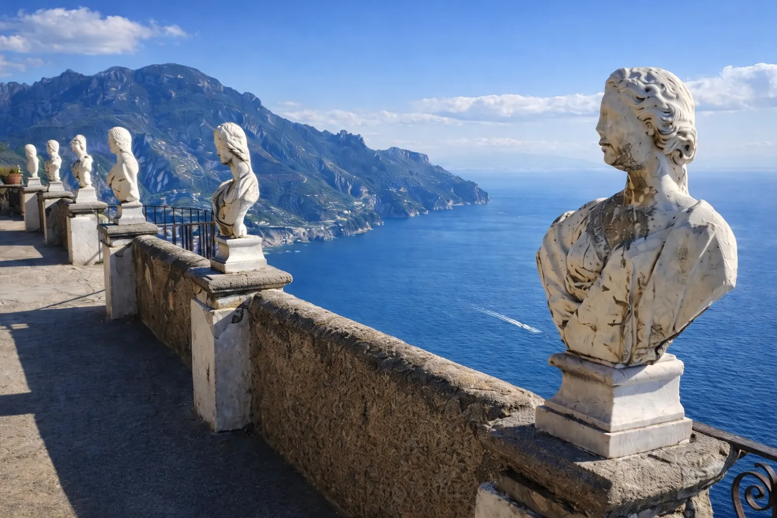 Marble busts along a stone terrace balustrade above the sea and mountains