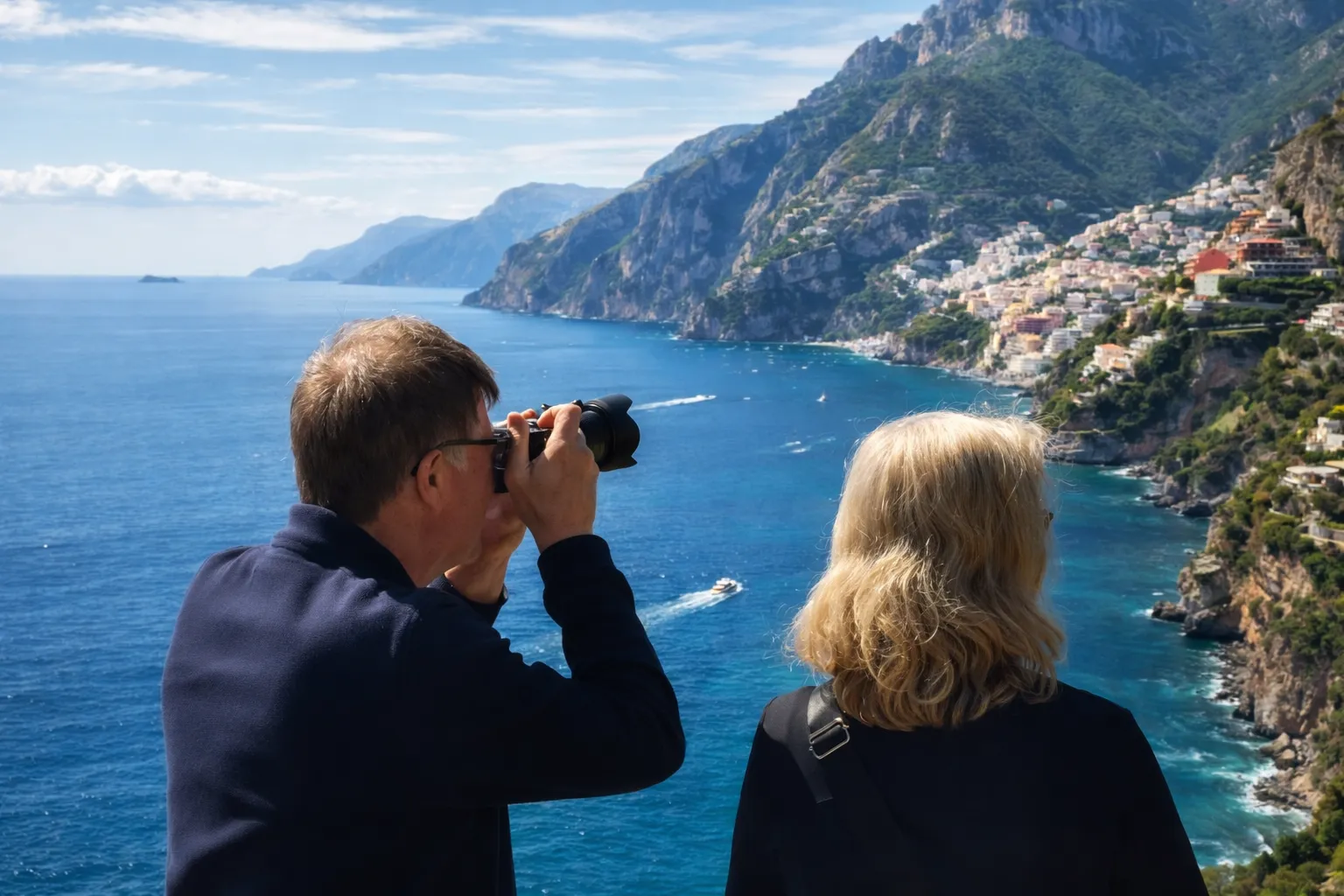 Man photographing and a woman looking out over a bay and cliffside coast