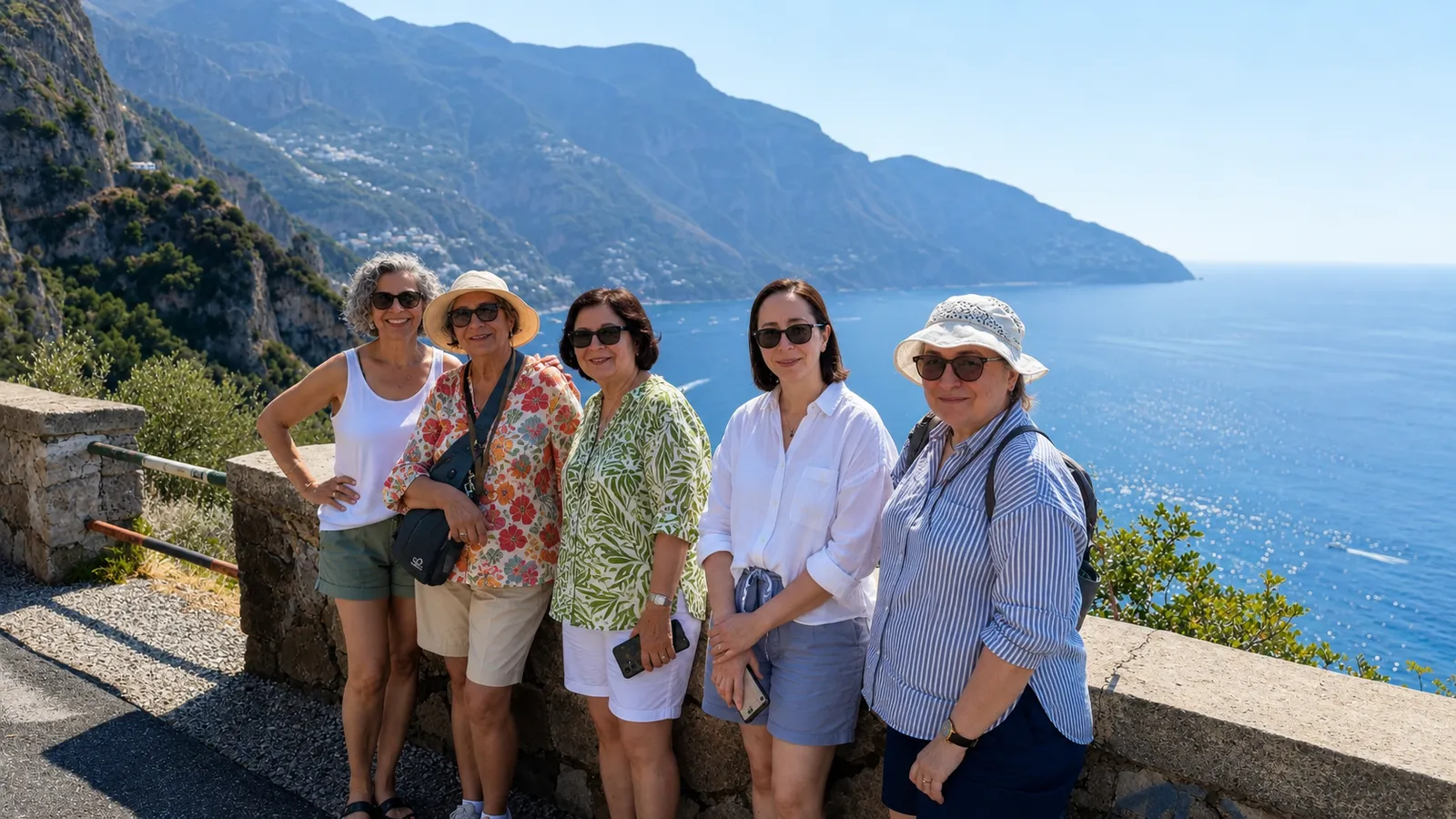 Five women posing at a stone wall above the sea and a mountainous coastline