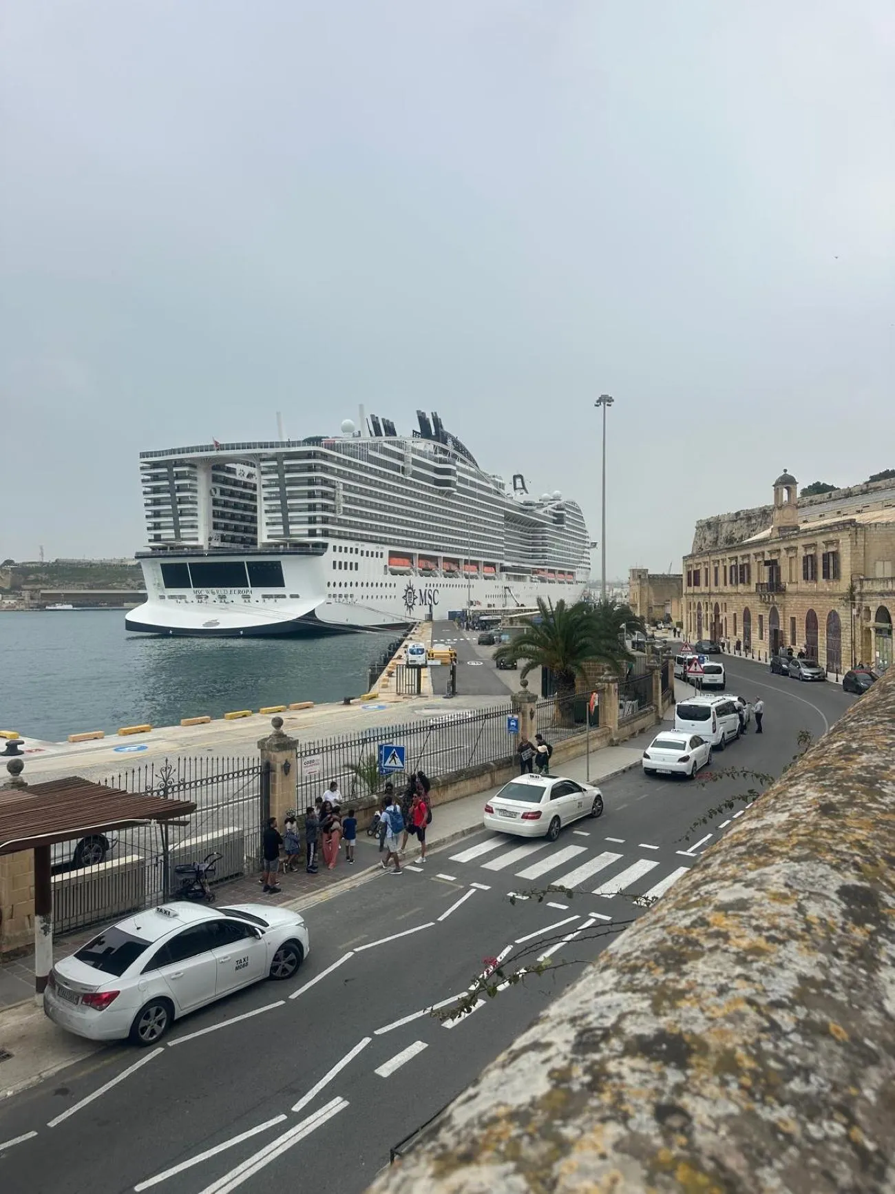 Large cruise ship moored at a port beyond a road and old buildings