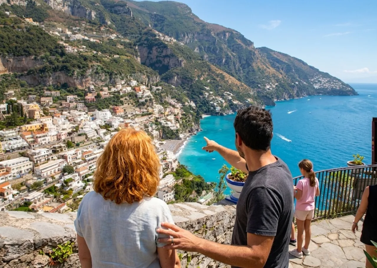Two visitors at a viewpoint wall, one pointing toward Positano's houses and the bay