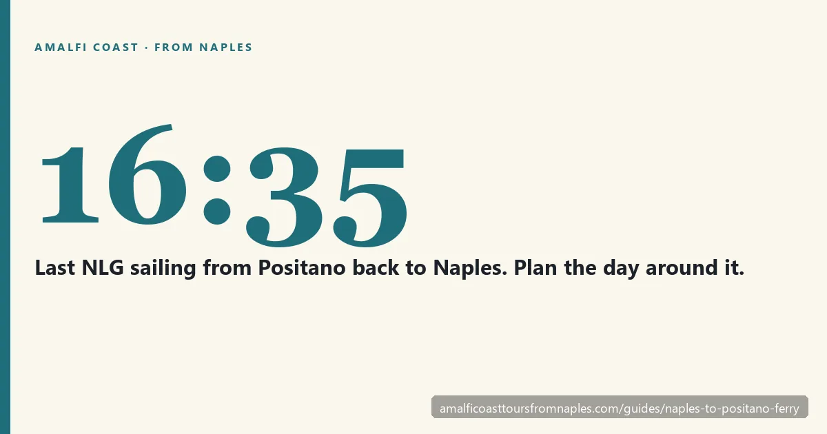 Card showing the last ferry time from Positano back to Naples in the 2026 season